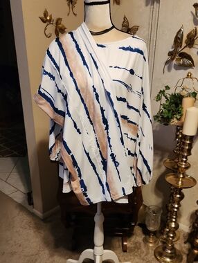 Women's White Blue and Beige Abstract Stripe Top And Wide Leg Pants Set